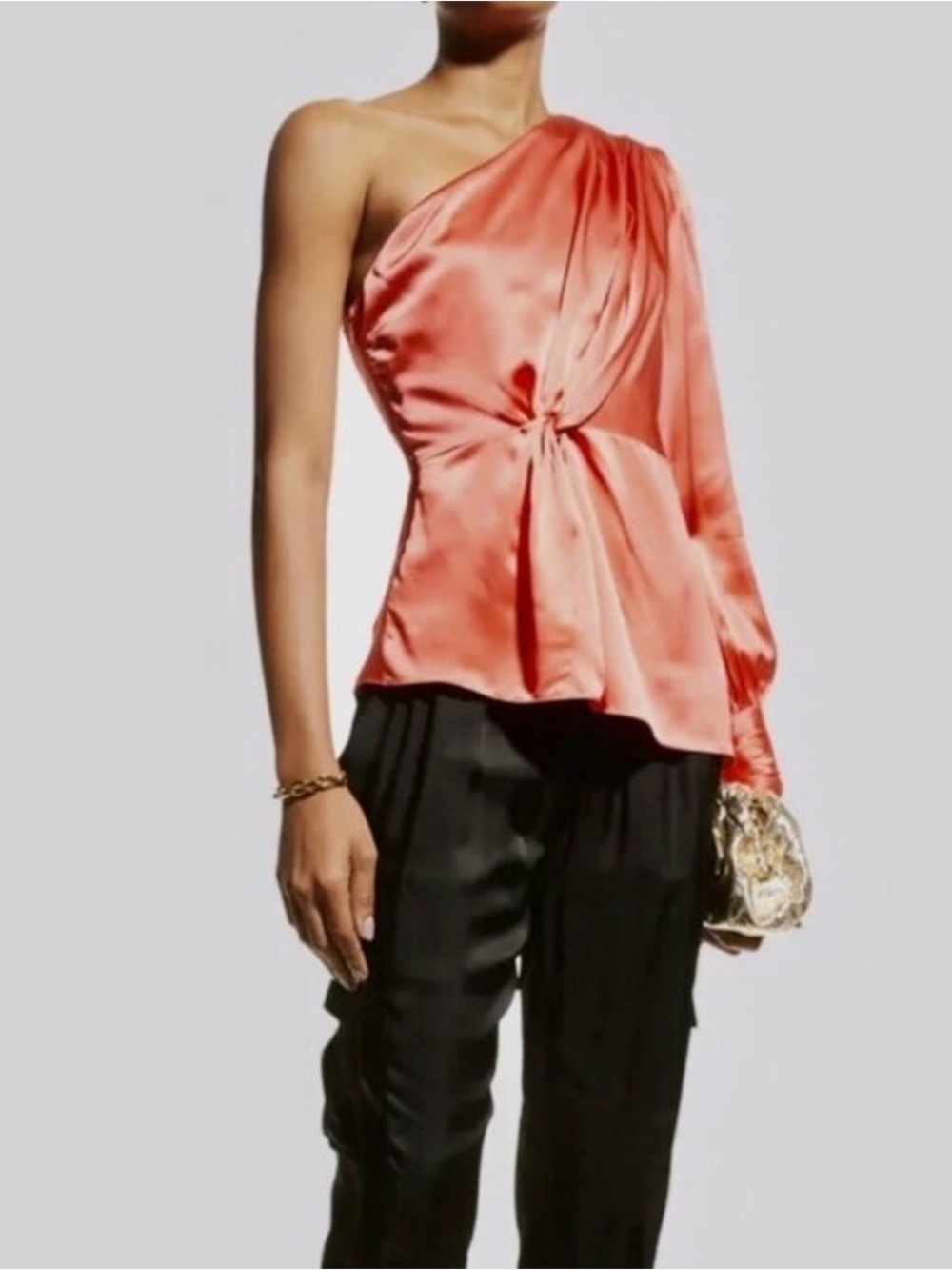 Cinq à Sept Stace One Shoulder Silk Satin Blouse Neon Coral Size XS